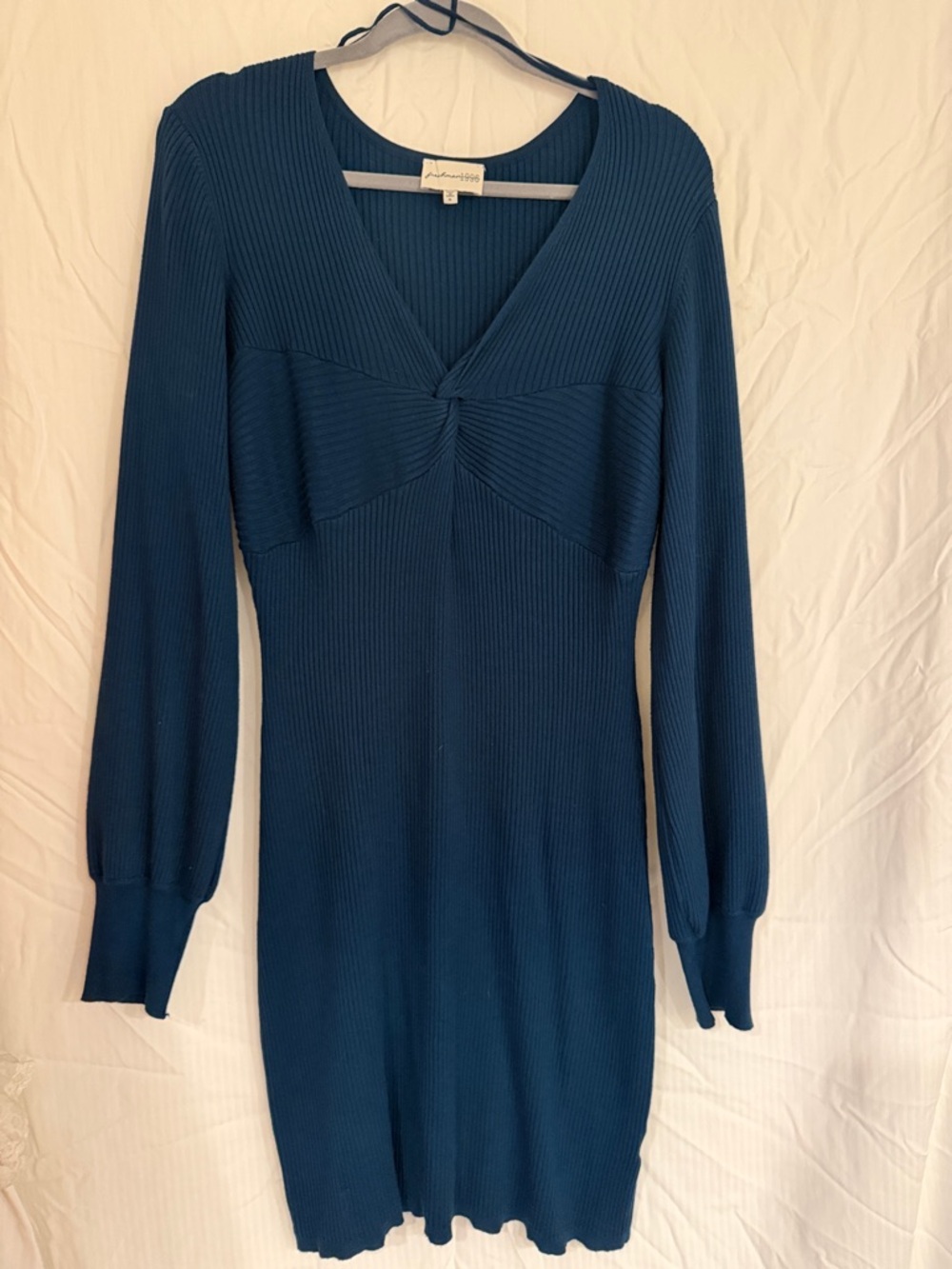 Ribbed Deep Teal Long Sleeve Twist-Front Knit Dress